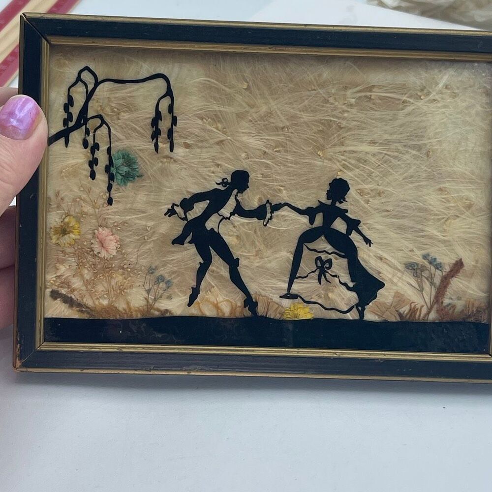 1930’s Mary Fisher silhouette reverse painted glass dried flowers.